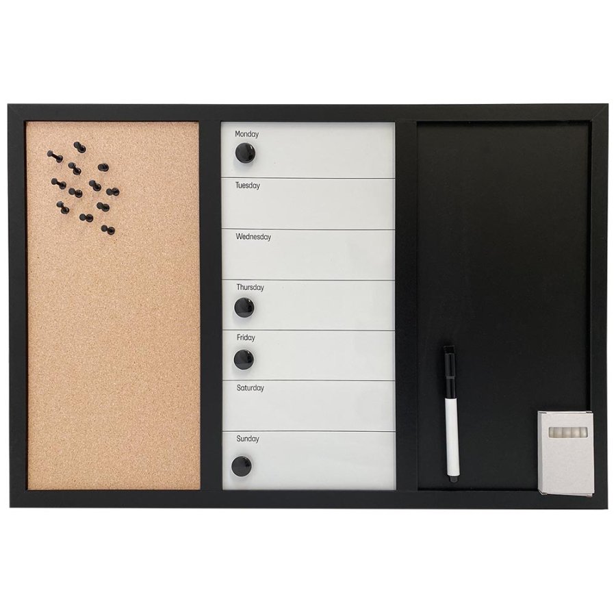 Whiteboard mit Wochenplan ENGLISCH, Kork- und Kreidetafel 70 x 50 cm, inkl. schwarzer magnetischer Marker, 4 x schwarze 20 mm Magnete, 12 schwarze Nadeln und 1 Packung Kreide (5 Stk.) #1