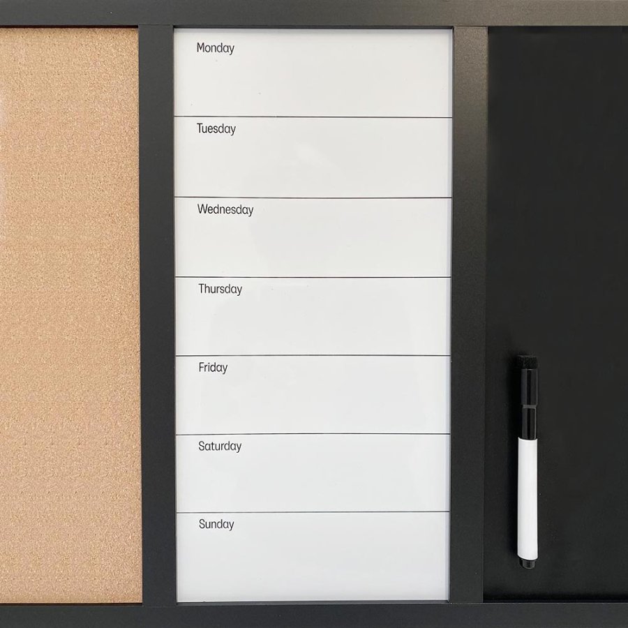Whiteboard mit Wochenplan ENGLISCH, Kork- und Kreidetafel 70 x 50 cm, inkl. schwarzer magnetischer Marker, 4 x schwarze 20 mm Magnete, 12 schwarze Nadeln und 1 Packung Kreide (5 Stk.) #2