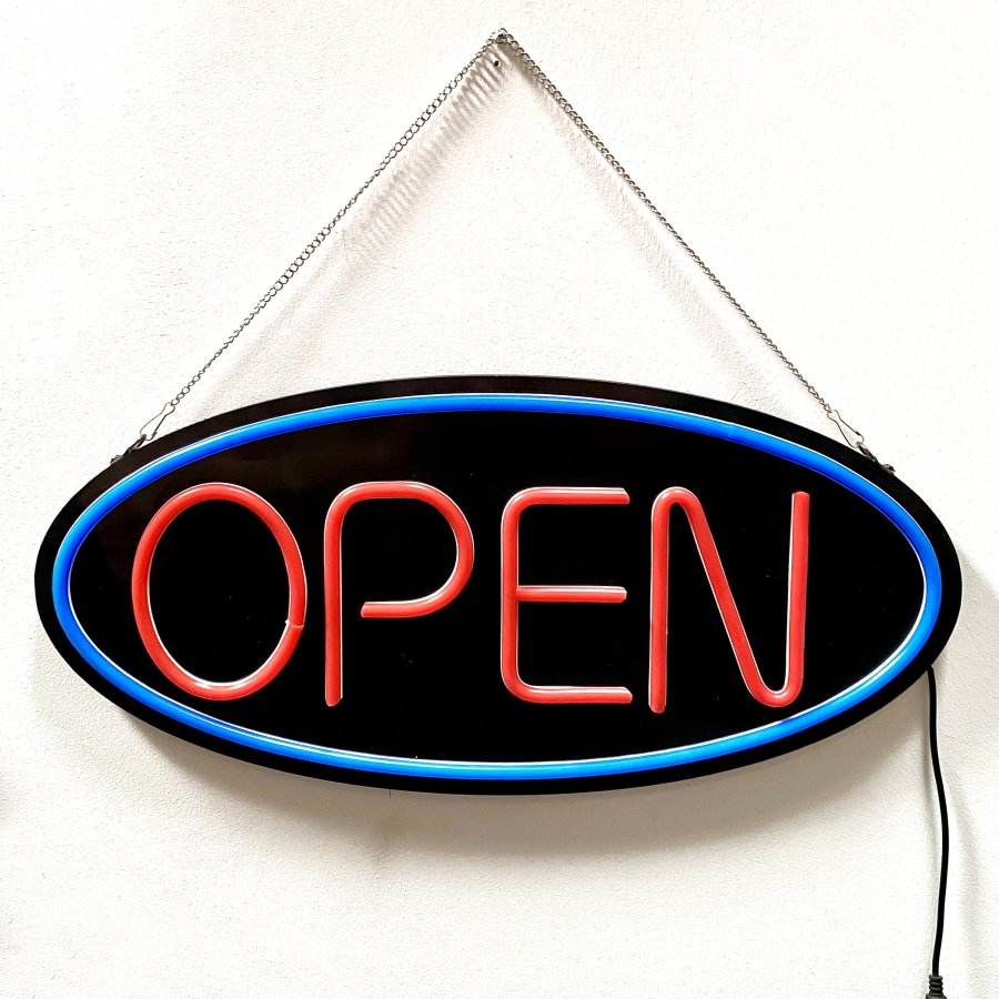 Attraktives LED Offen-Schild - Schwarzes Design mit rotem Text und blauem Kreis. #1