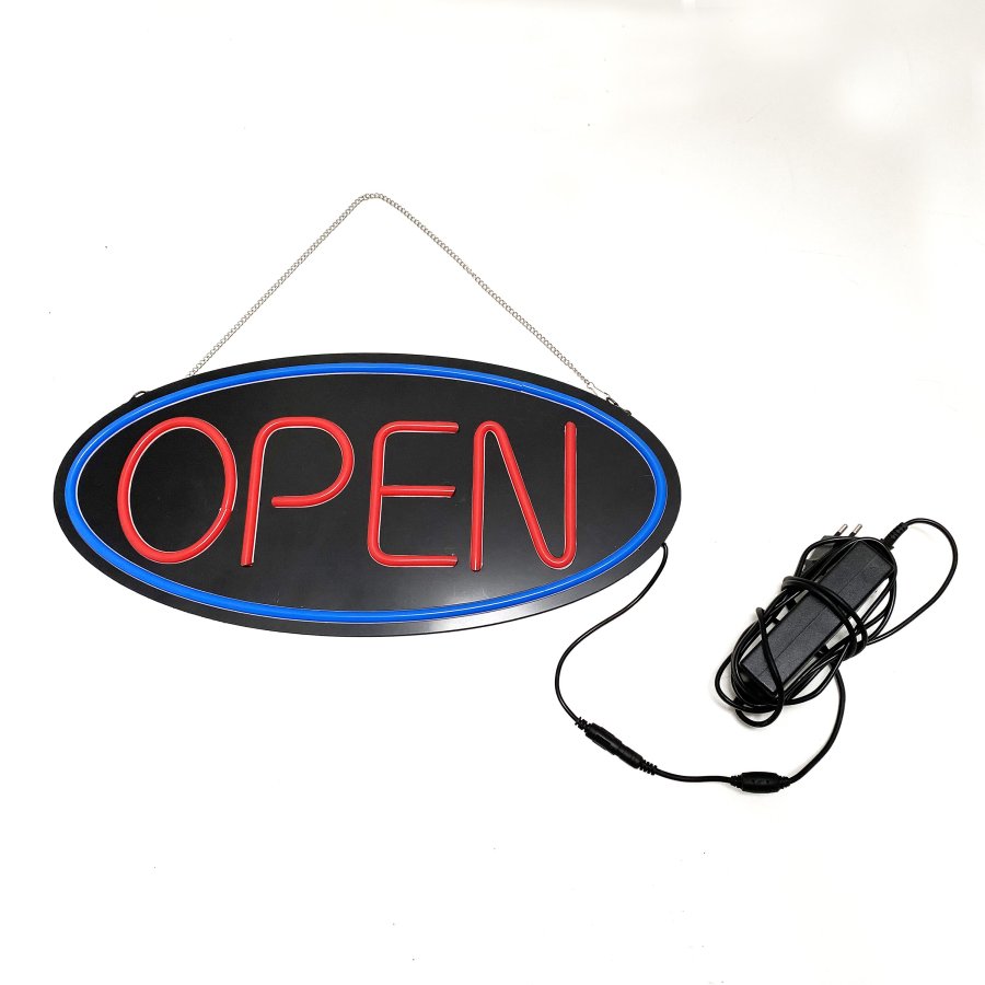 Attraktives LED Offen-Schild - Schwarzes Design mit rotem Text und blauem Kreis. #2
