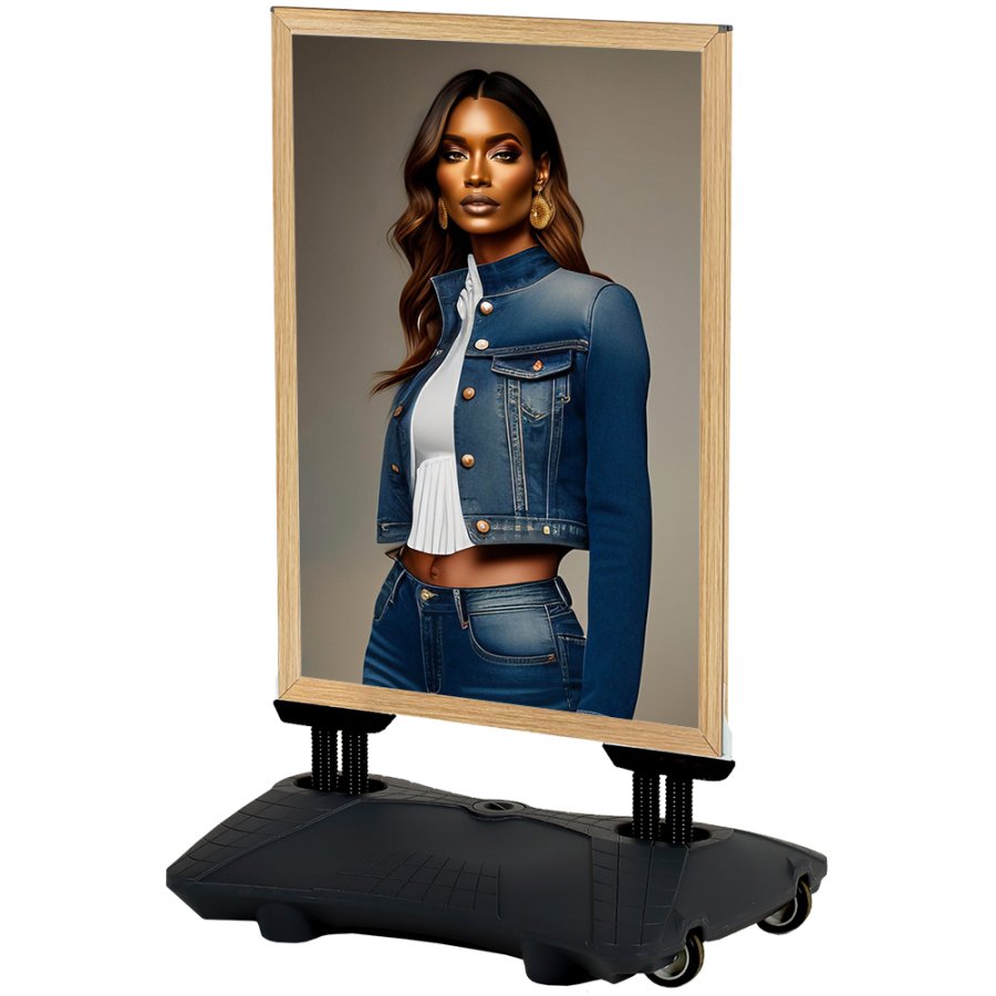 Wetterfestes Wind-Pro-Bodenplakat in Schwarz/Hellem Holz - Gr&ouml;&szlig;e A1