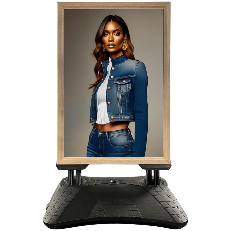 Wetterfestes Wind-Pro-Bodenplakat in Schwarz/Hellem Holz - Gr&ouml;&szlig;e A1