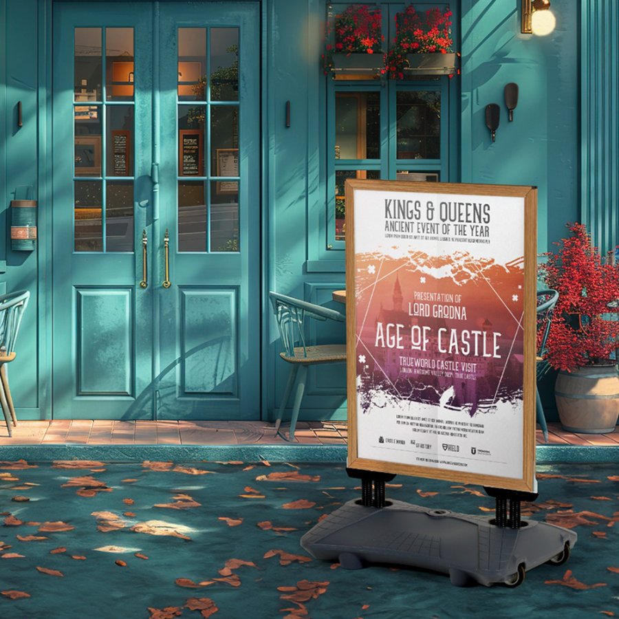 Wetterfestes Wind-Pro-Bodenplakat in Schwarz/Hellem Holz - Gr&ouml;&szlig;e A1