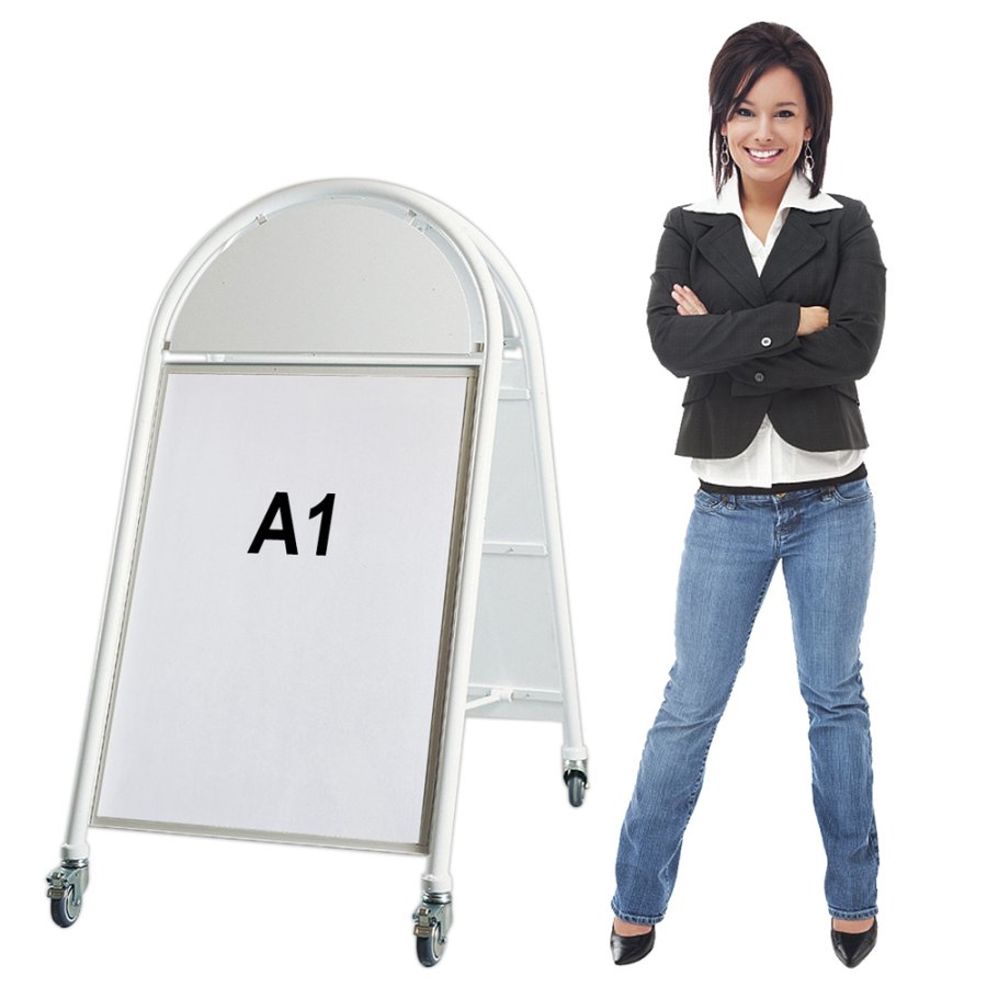 New Gotik Lux Kundenstopper mit Logo schild und Rad - A1 - wei&szlig;