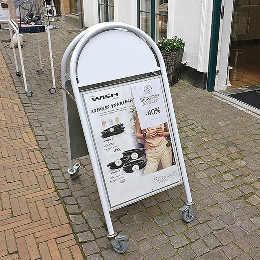 New Gotik Lux Kundenstopper mit Logo schild und Rad - A1 - wei&szlig;