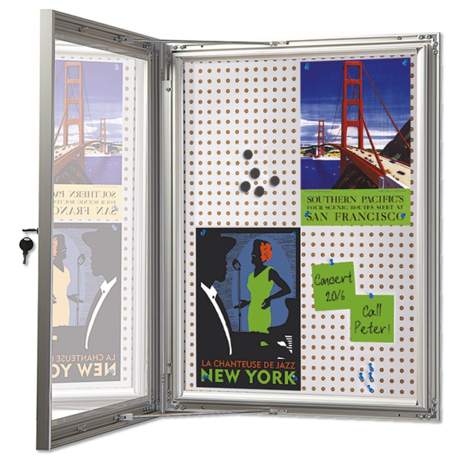 Kombi-H&auml;ngeschrank/Infobox mit Schloss und Stahl-/Korkr&uuml;ckwand, silber - 6xA4