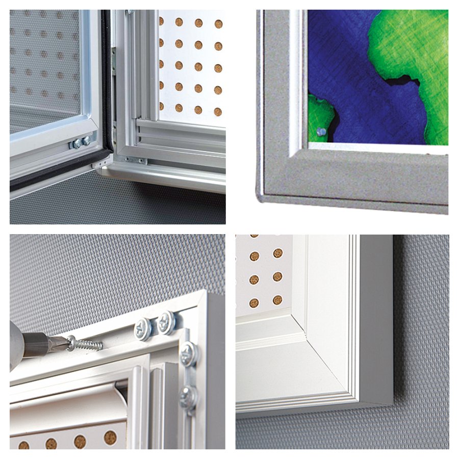 Kombi-H&auml;ngeschrank/Infobox mit Schloss und Stahl-/Korkr&uuml;ckwand, silber - 6xA4