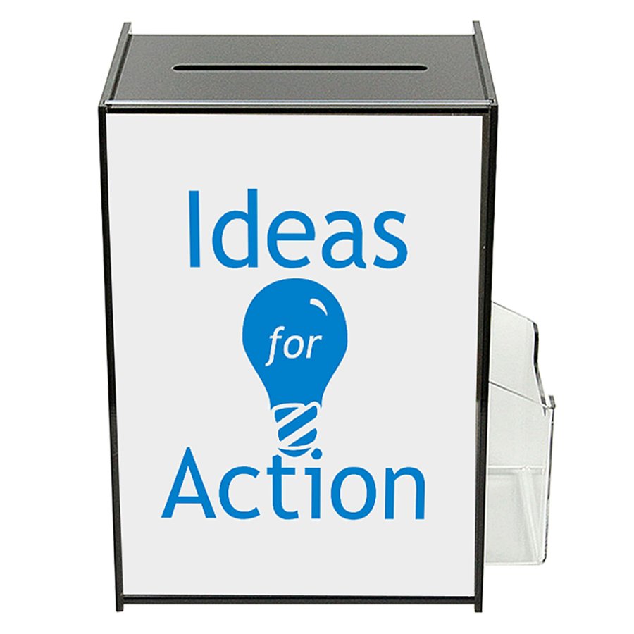 Vorschlagsbox mit A4 Infodisplay und M65 Brosch&uuml;renhalter, Acryl, Schwarz