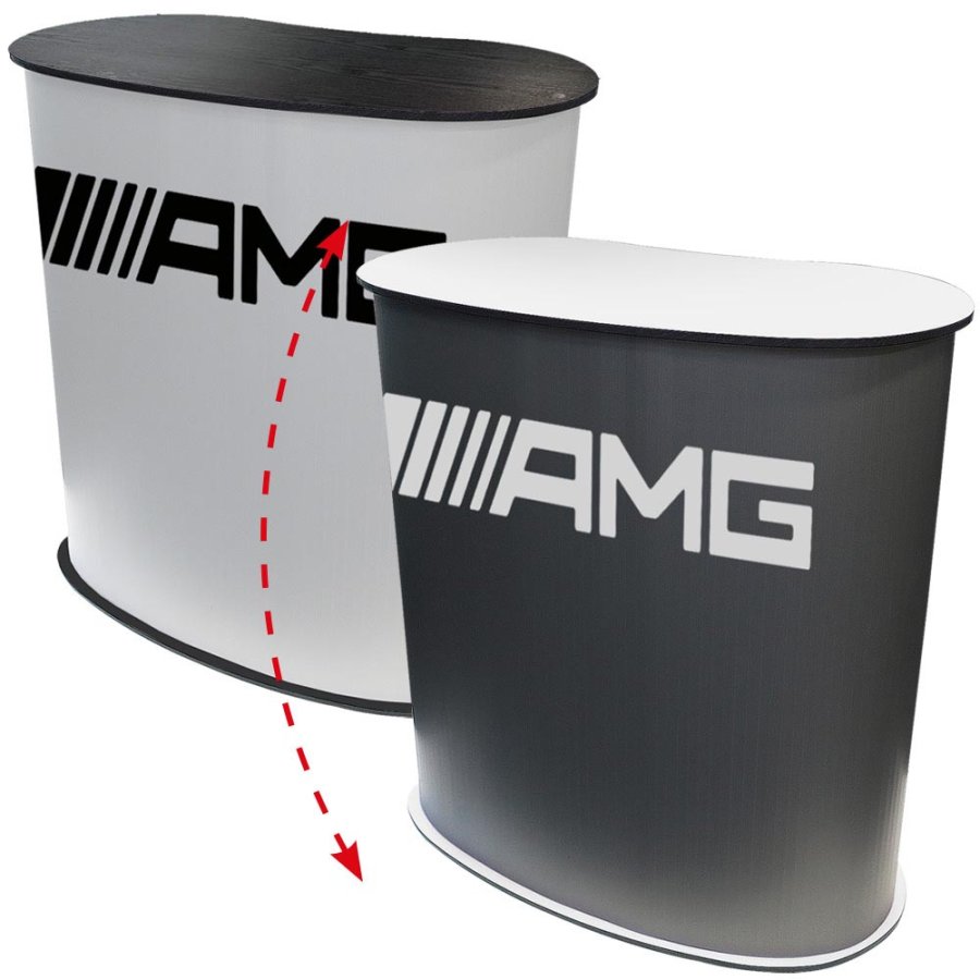 Ovale, geschwungene Messetisch/Theke