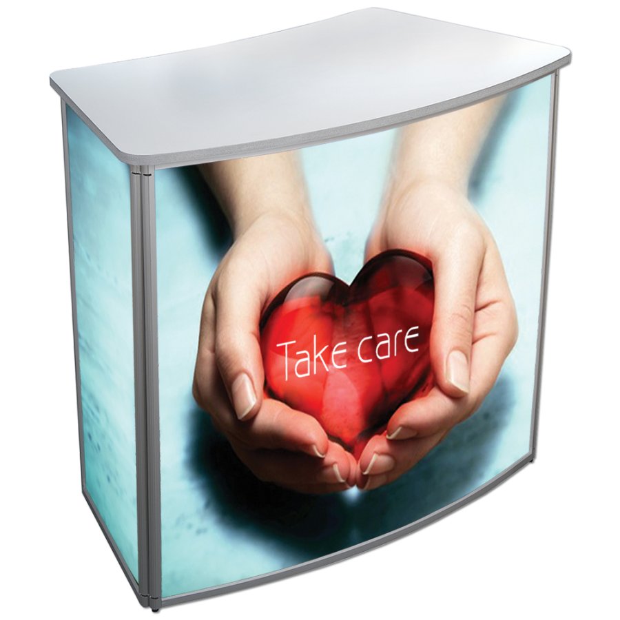 Geschwungene Messetheke mit wei&szlig;er Tischplatte