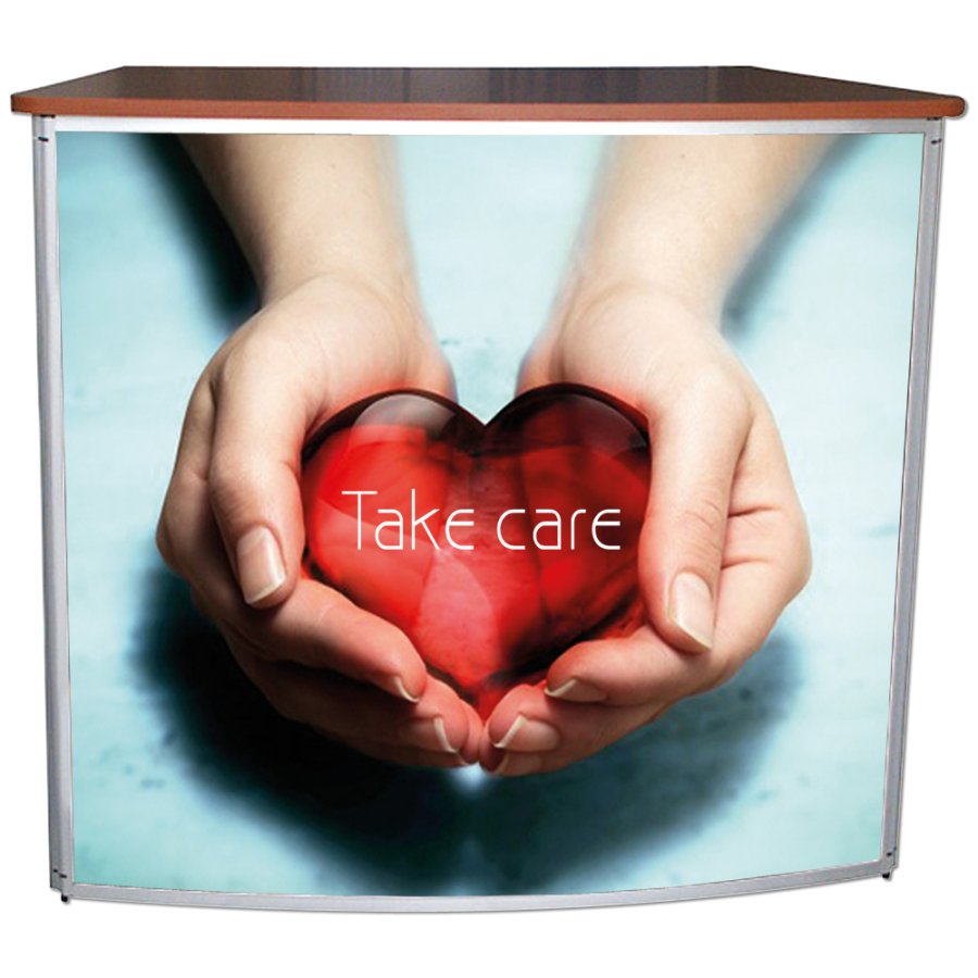 Geschwungene Messetheke mit Tischplatte in Holzoptik