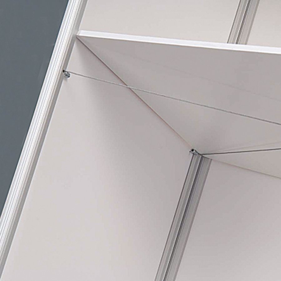 Geschwungene Messetheke mit Tischplatte in Holzoptik