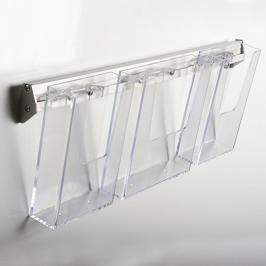 Prospekthalter f&uuml;r die Wand, Aluminiumleiste mit 3 Stk. M65 Acrylhalter
