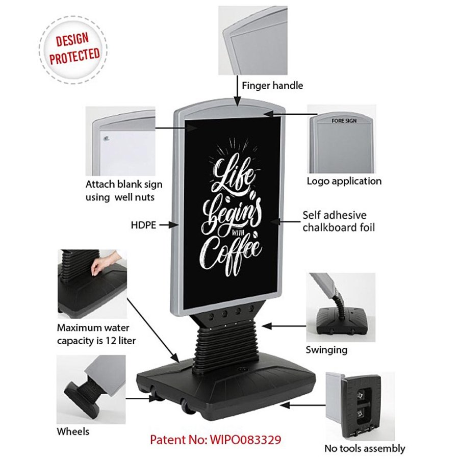 Kunststoffschild mit Fu&szlig; - schwarzer Wassertank - silberne Oberseite