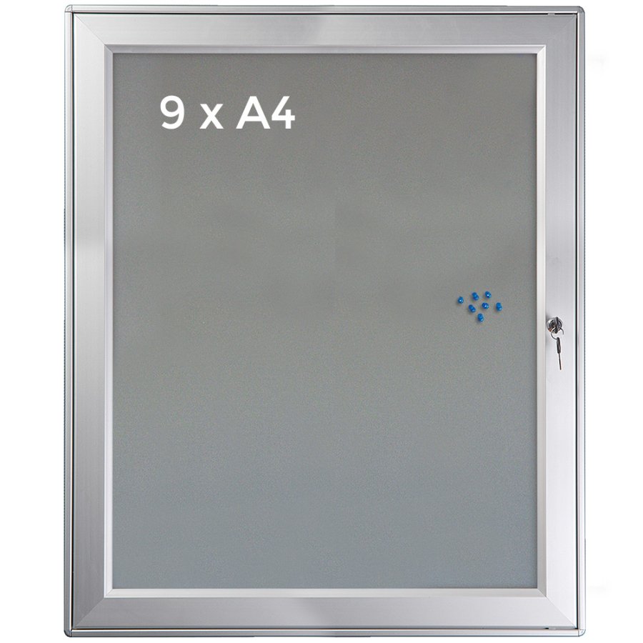 H&auml;ngeschrank/Infobox mit Schloss und Filzr&uuml;ckplatte, silber - 9xA4