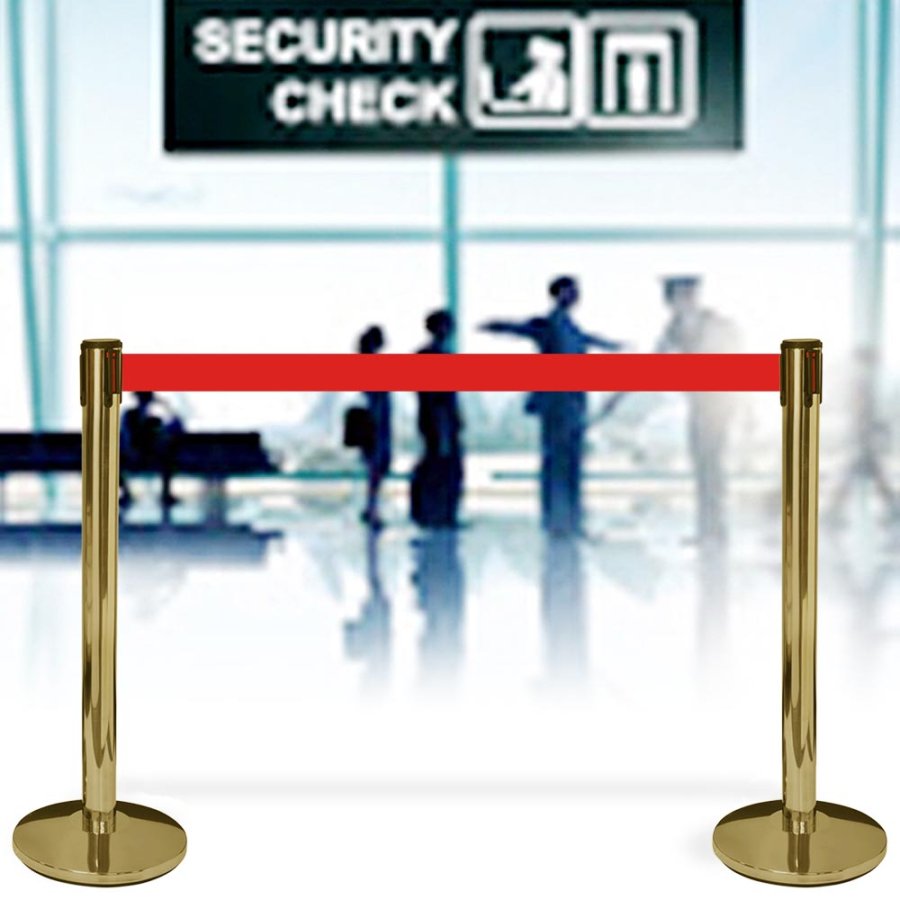 Absperrpfosten Gold mit 3 Meter langem rotem G&uuml;rtel