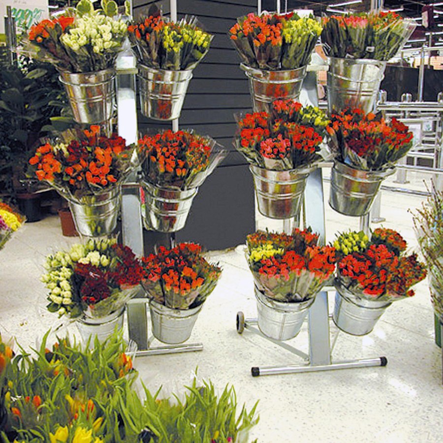 Shop Impulzs Eimerdisplay 9 - mit 6 Zinkeimern und A4-Schilderhalter