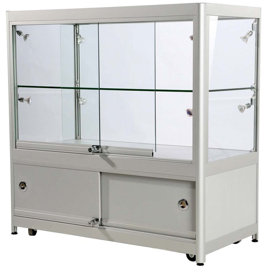 Vitrine - Showcase Counter Duo Glasvitrine mit Unterschrank, LED-Licht und Schloss - Silber