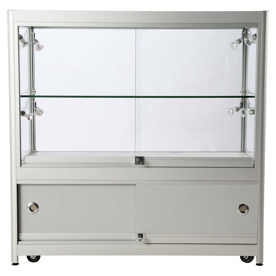 Vitrine - Showcase Counter Duo Glasvitrine mit Unterschrank, LED-Licht und Schloss - Silber