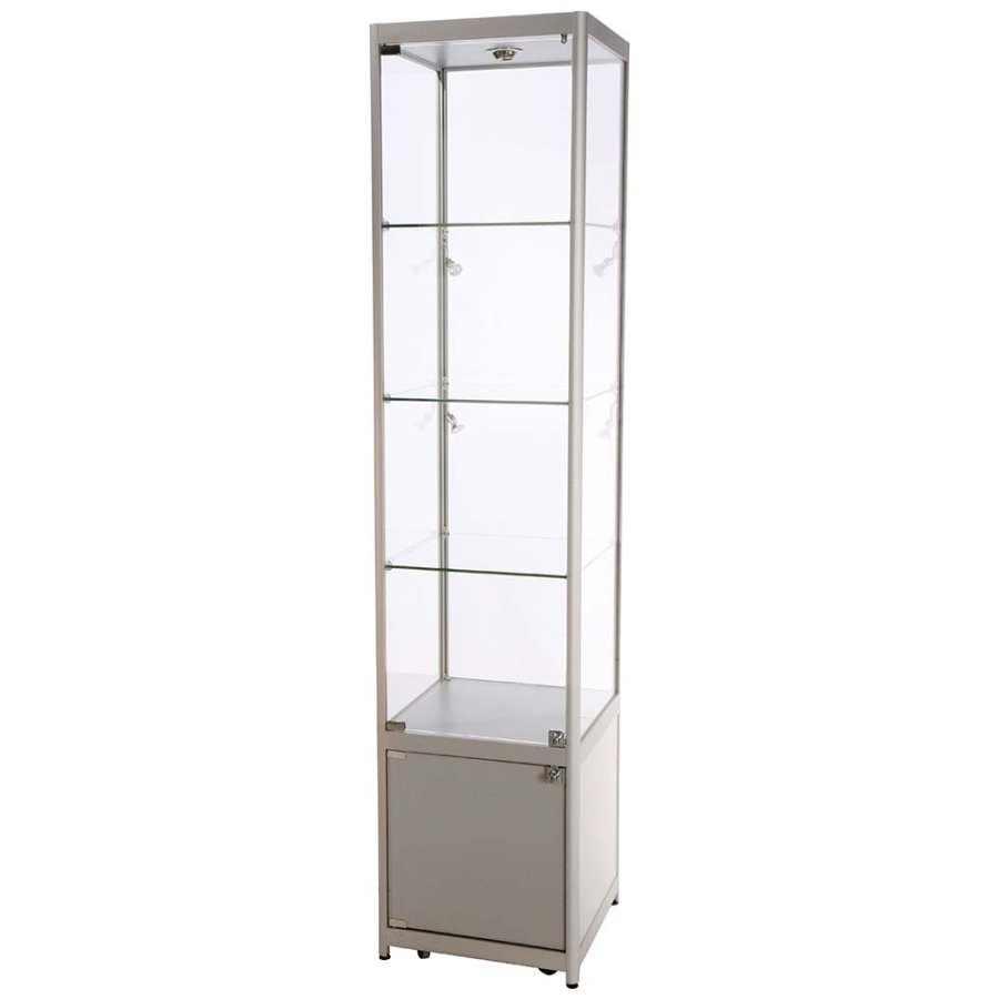 Vitrine - Showcase Tower Solo Glasvitrine mit Unterschrank, LED-Licht und Schloss - Silber