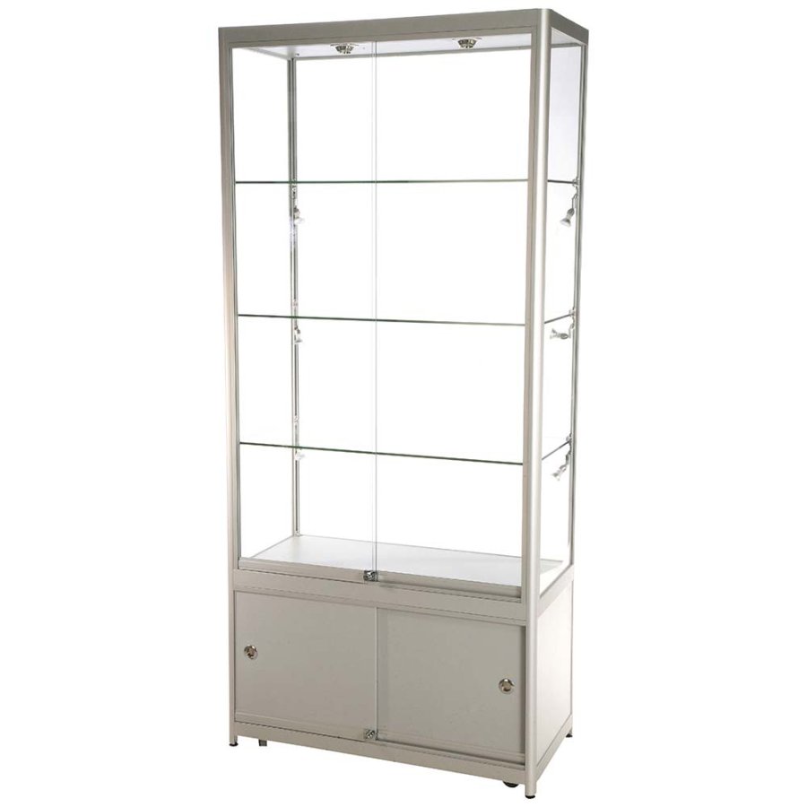 Vitrine - Showcase Tower Duo Glasvitrine mit Unterschrank, LED-Licht und Schloss - Silber