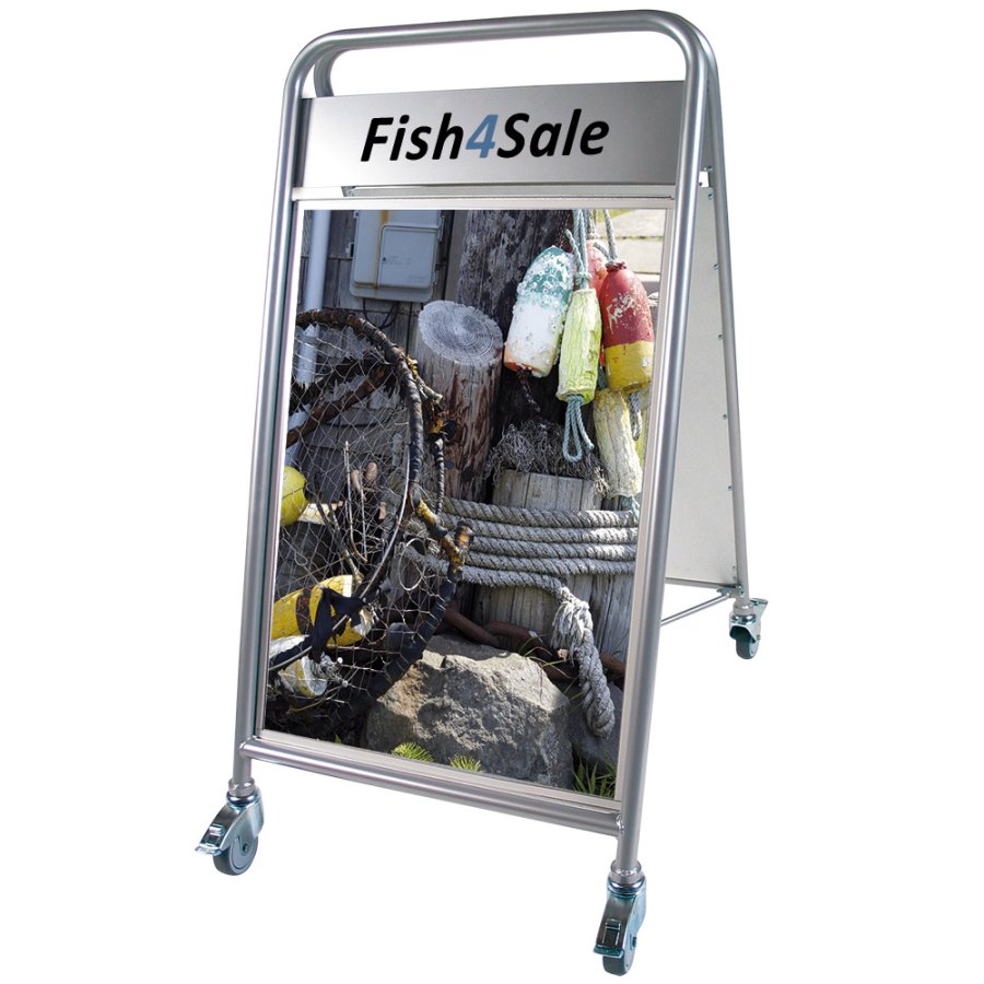 Expo Sign Lux Kundenstopper mit Logo schild und R&auml;dern - Silber - 50 x 70 cm