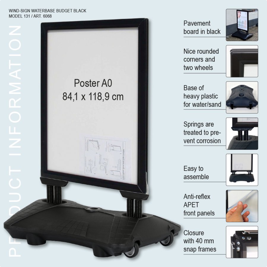 Kundenstopper, Wind-Sign Waterbase Budget, 40 mm Aluminiumprofil, Schwarz, A0 - 84,1 x 118,9 cm