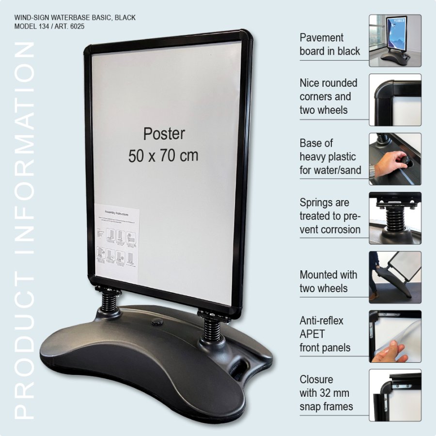 Kundenstopper, Wind-Sign Waterbase Basic, 32 mm, Schwarz, B2 - 50 x 70 cm