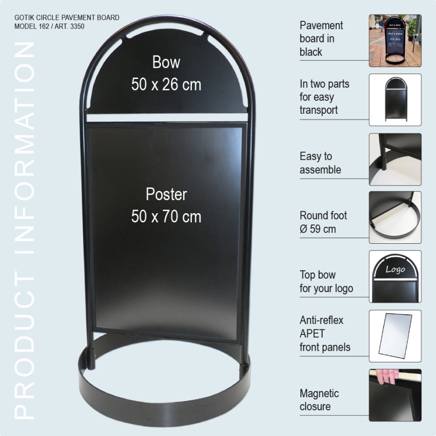 Kundenstopper mit Logoplatte, Gotik Circle, Schwarz, B2 - 50 x 70 cm
