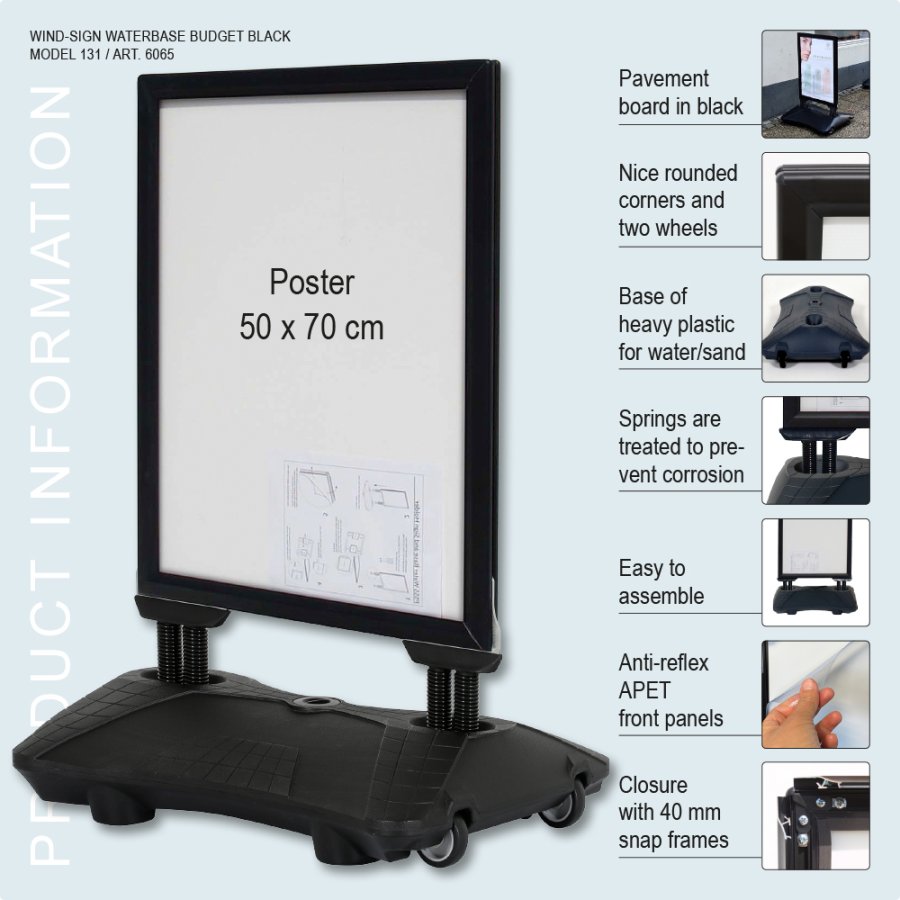 Kundenstopper, Wind-Sign Waterbase Budget, 40 mm Aluminiumprofil, Schwarz, B2 - 50 x 70 cm