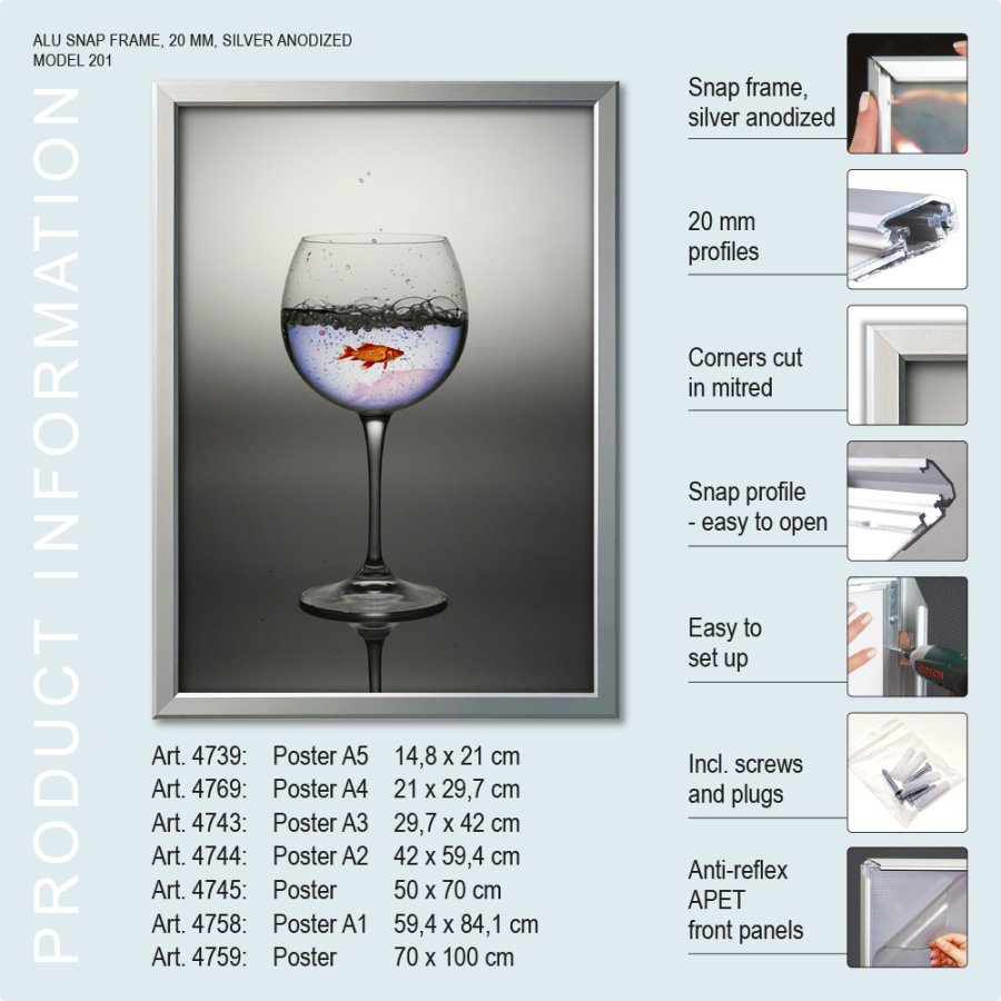 Klapprahmen, 20 mm Aluminium Flachprofil, Silber, A1 - 59,4 x 84,1 cm