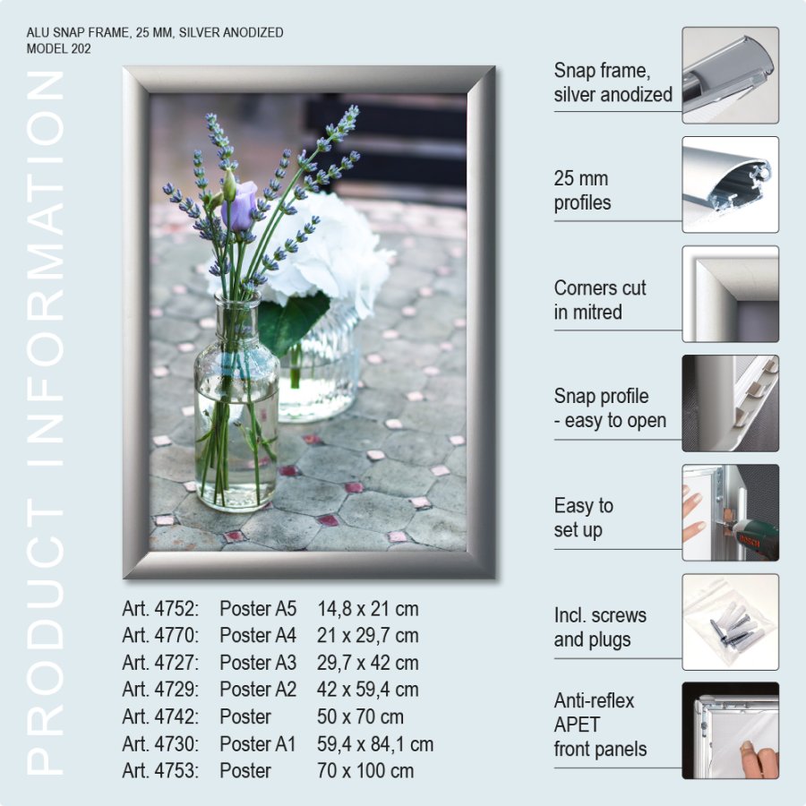 Klapprahmen, 25 mm Profil, Silber, A2 - 42 x 59,4 cm