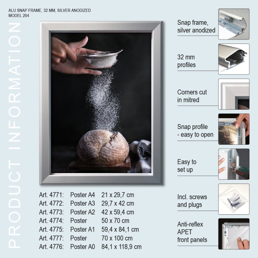 Klapprahmen, 32 mm Profil, Silber, A4 - 21 x 29,7 cm