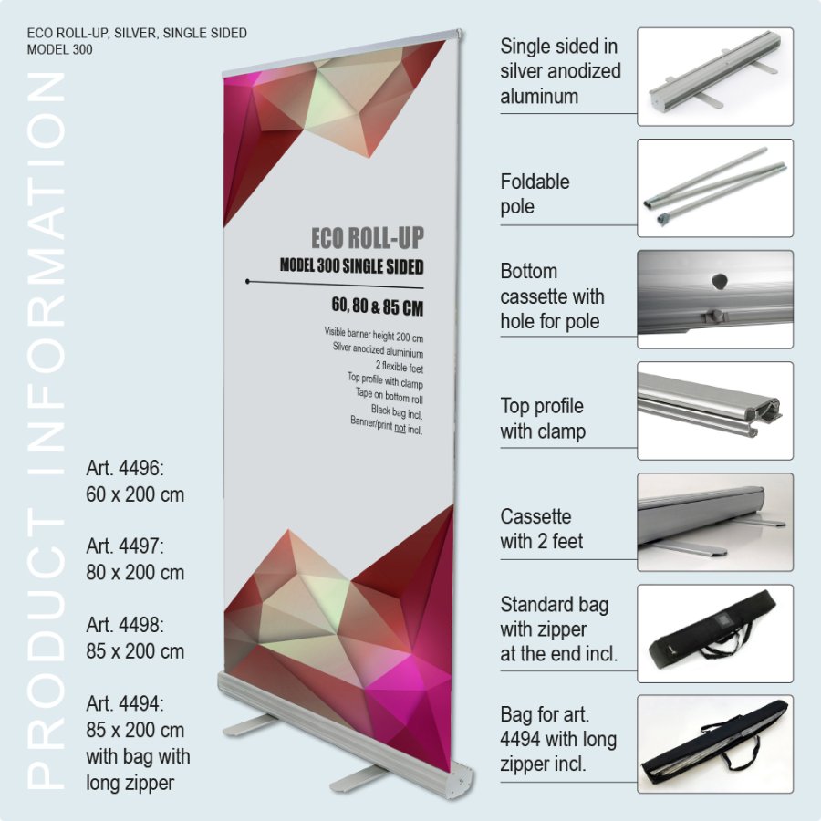Roll-up Kassette, Eco, einseitig, Aluminium/Silber, inklusive Tasche, 85 cm