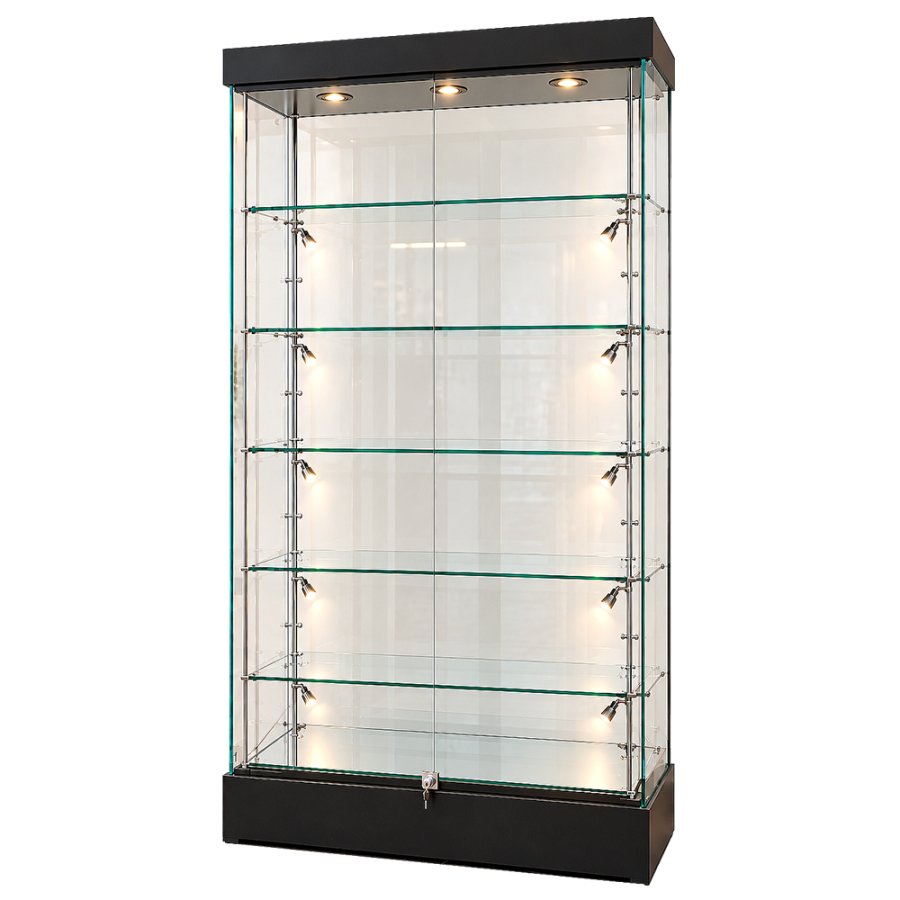Rahmenlose Glasvitrine mit LED-Licht und Schloss, schwarz