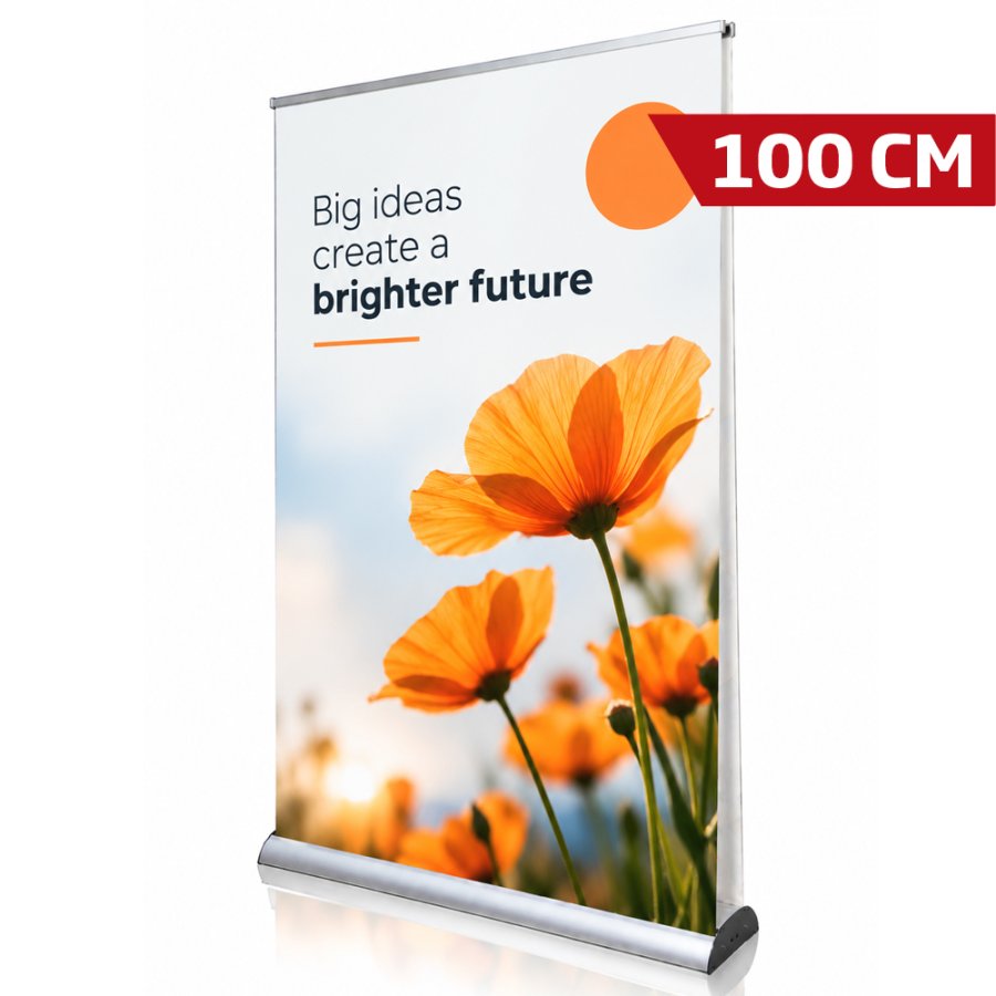 Hier sind drei SEO-freundliche d&auml;nische Titelvorschl&auml;ge:

1) Doppelseitiges Roll-up 100 cm aus Aluminium - elegant und tragbar  
2) Elegantes doppelseitiges Roll-up 100 cm | Aluminium-Display  
3) Roll-up 100 cm (doppelseitig) in Alu - perfekt f&uuml;r Messen und Events